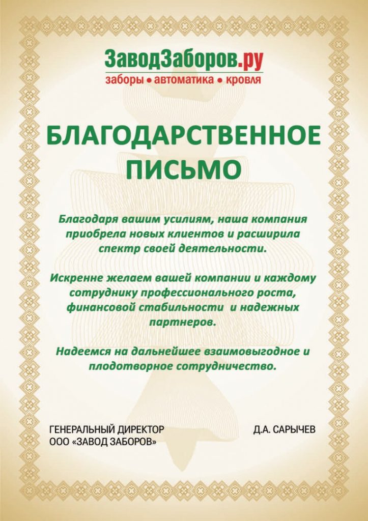 Д.А. САРЫЧЕВ, ГЕНЕРАЛЬНЫЙ ДИРЕКТОР ООО "ЗАВОД ЗАБОРОВ"