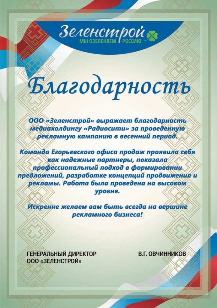 В.Г. ОВЧИННИКОВ, ГЕНЕРАЛЬНЫЙ ДИРЕКТОР ООО "ЗЕЛЕНСТРОЙ"
